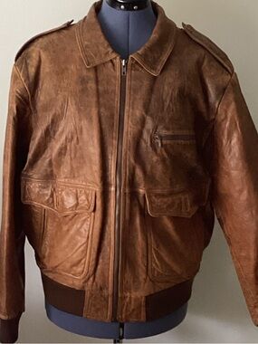 Men's Brown Leather Bomber Jacket with Utility Pockets
